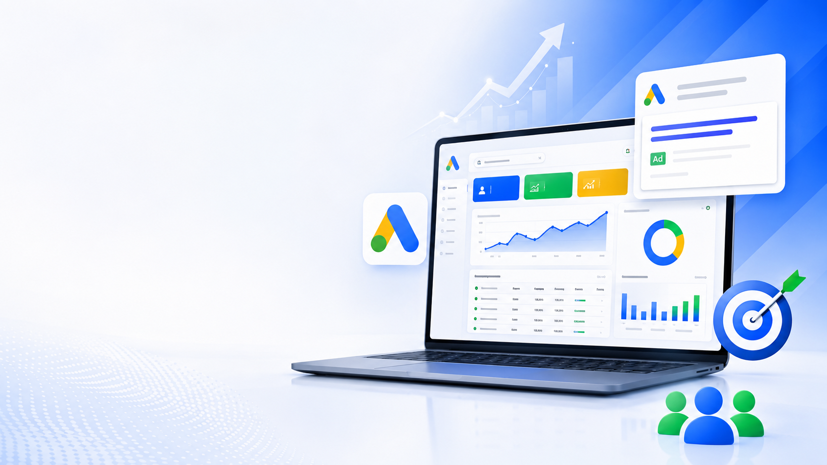 Painel ilustrativo de acompanhamento de campanhas no Google Ads